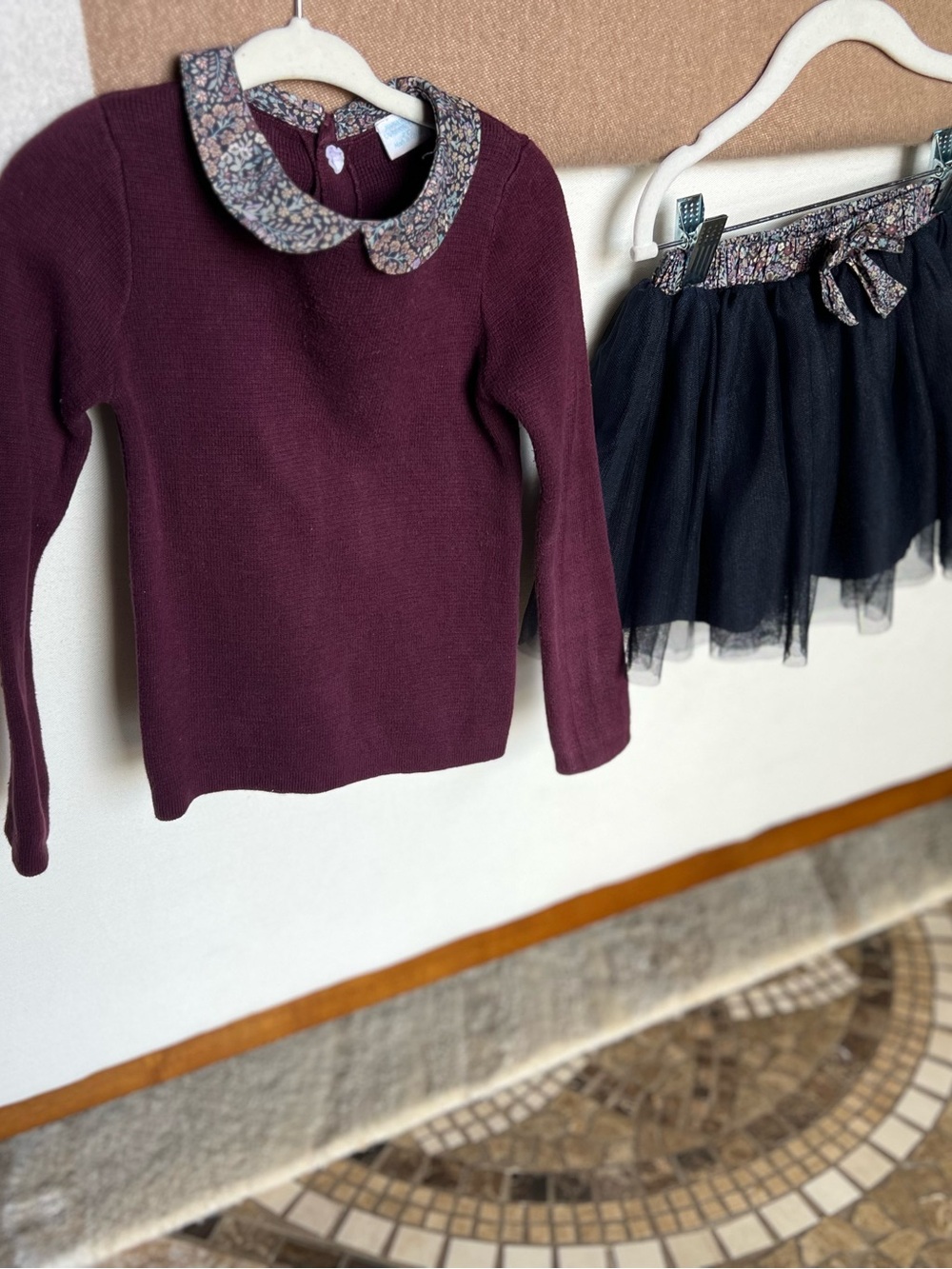Edgehill Collection Burgundy Knit Top with Floral Peter Pan Collar